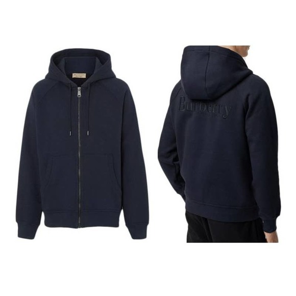 NWT MENS BURBERRY DUNBRIDGE NAVY BLUE COTTON LOGO ZIP HOODIE JACKET SIZE L